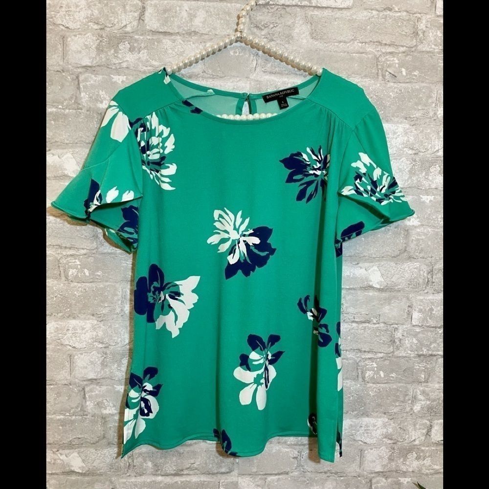 Banana Republic Floral Tulip Sleeve Green Navy Top